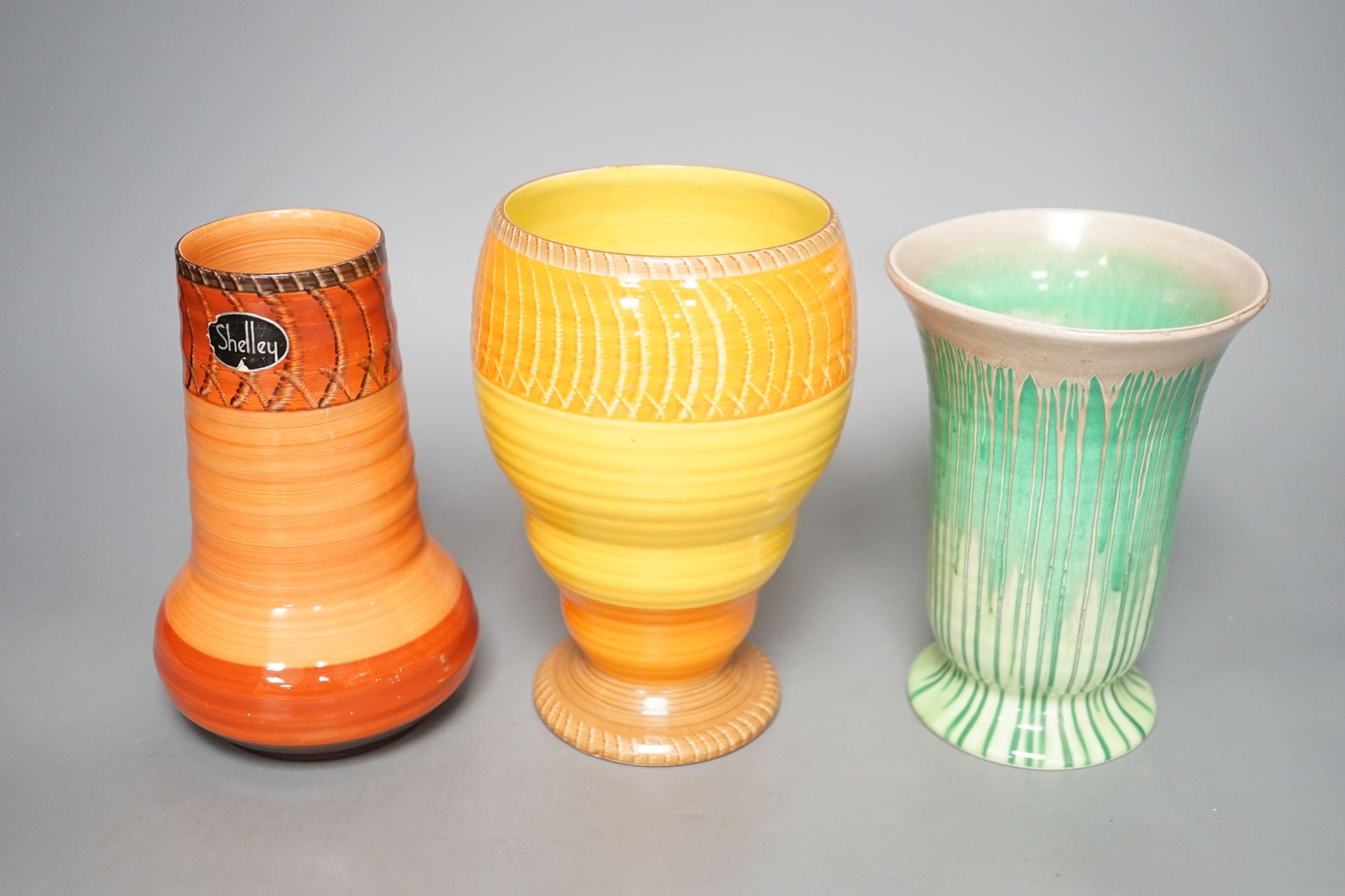 Three Shelley earthenware vases-tallest 17.5 cms high.